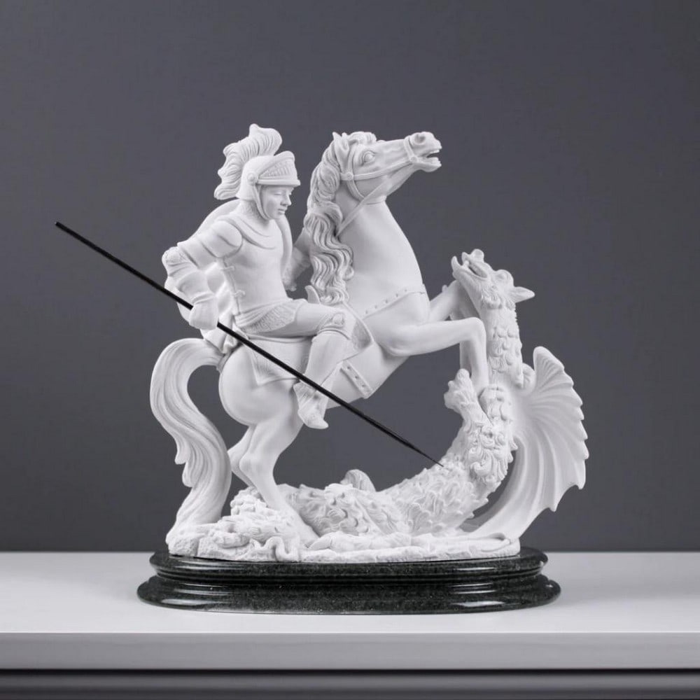 White Carrara Marble Statue "Saint George & The Dragon" - (5.7lbs): White Carrara Marble Statue "Saint George & The Dragon" - (5.7lbs) The Saint George on Horse Statue legend from Saint George and the Dragon was first recorded in the 11th century, in a