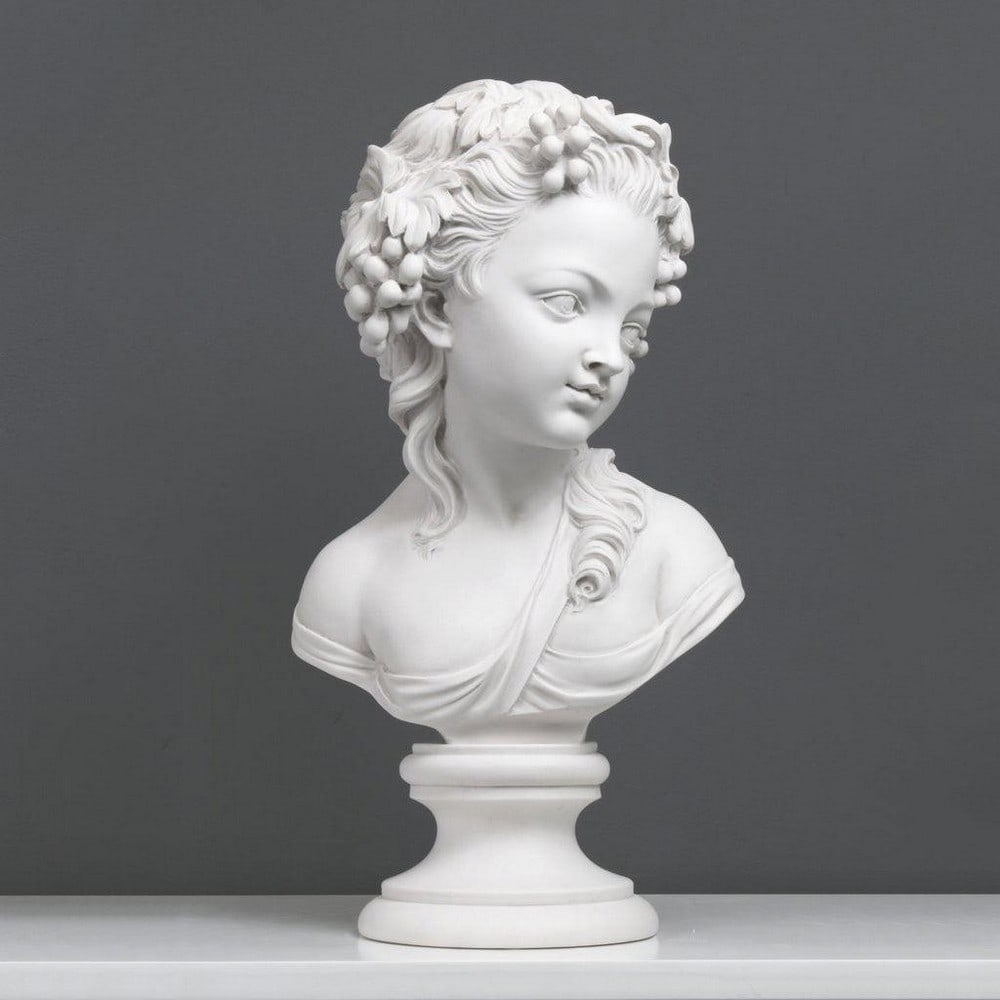 Young Lady Bust Sculpture: Young Lady Bust Sculpture This marble bust is a portrait of a Young Lady, from a French school in the 19th century. Crafted with skill and artistry, it captures the likeness and essence of a young wo