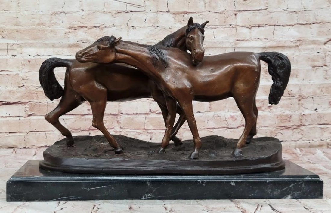 Pair of Grazing Stallions" Bronze Horses Sculpture – Statue on Marble Base – 14" x 22: "Pair of Grazing Stallions" Bronze Horses Sculpture – Statue on Marble Base – 14" x 22" Inspired by the grace and strength of equine companionship, this magnificent bronze sculptu