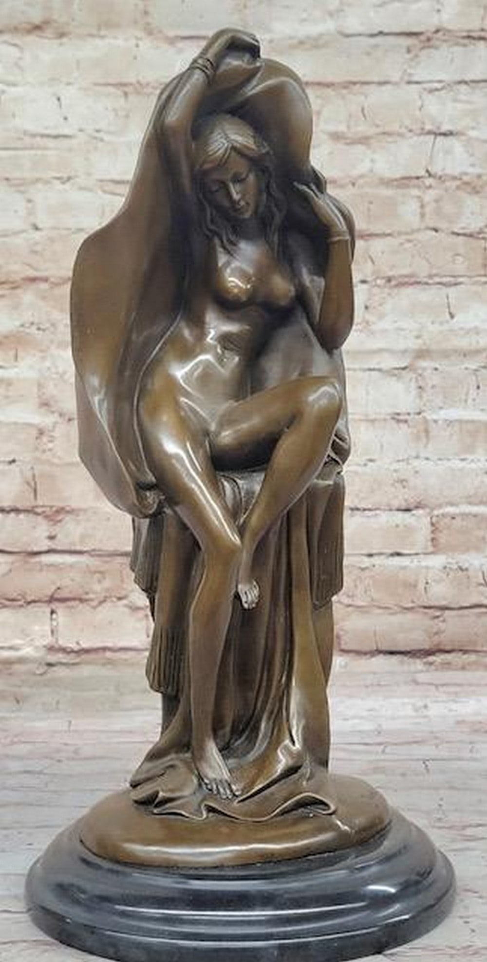 Sexy Nude Female Figure Underneath a Shawl - Original Bronze Art Deco Sculpture: Sexy Nude Female Figure Underneath a Shawl - Original Bronze Art Deco Sculpture Bronze Dimensions with Marble Base: Height 16 Inches X Width 8 Inches Marble Dimensions: Diameter 8 Inches Height witho
