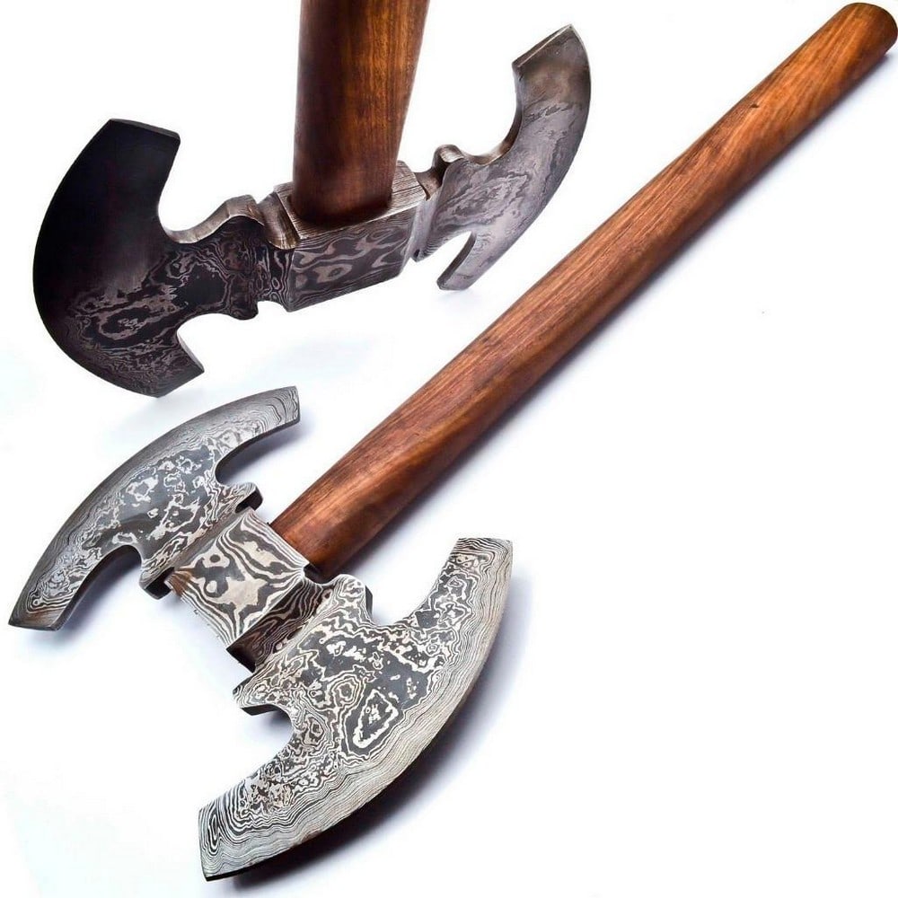 HEROS Hand Made Damascus Steel Forged Double Head War: For Auction Is A Stunning Handmade HERO's Damascus Double Headed WAR Axe Paired With a Handmade High Quality Genuine Leather Sheath. Each blade is created Using 256 Layers Of 1095 and 15N20