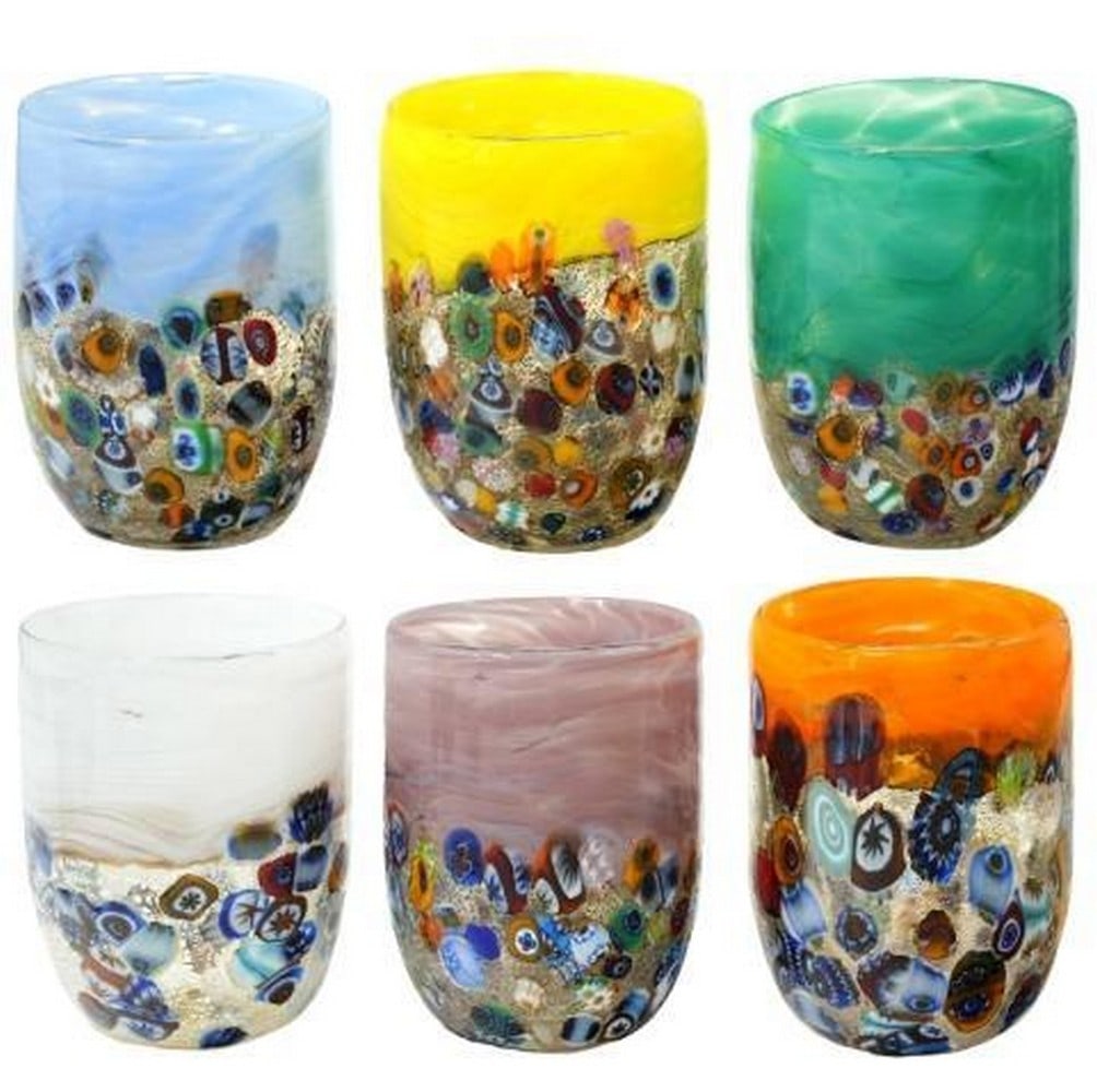 Set of 6 Murano Glass Tumblers With Millefiori and Silver Leaf: Set of 6 Murano Glass Tumblers With Millefiori and Silver Leaf. This stunning set of 6 Murano glass tumblers showcases the rich tradition and artistry of Venice. Each tumbler features a captivating M