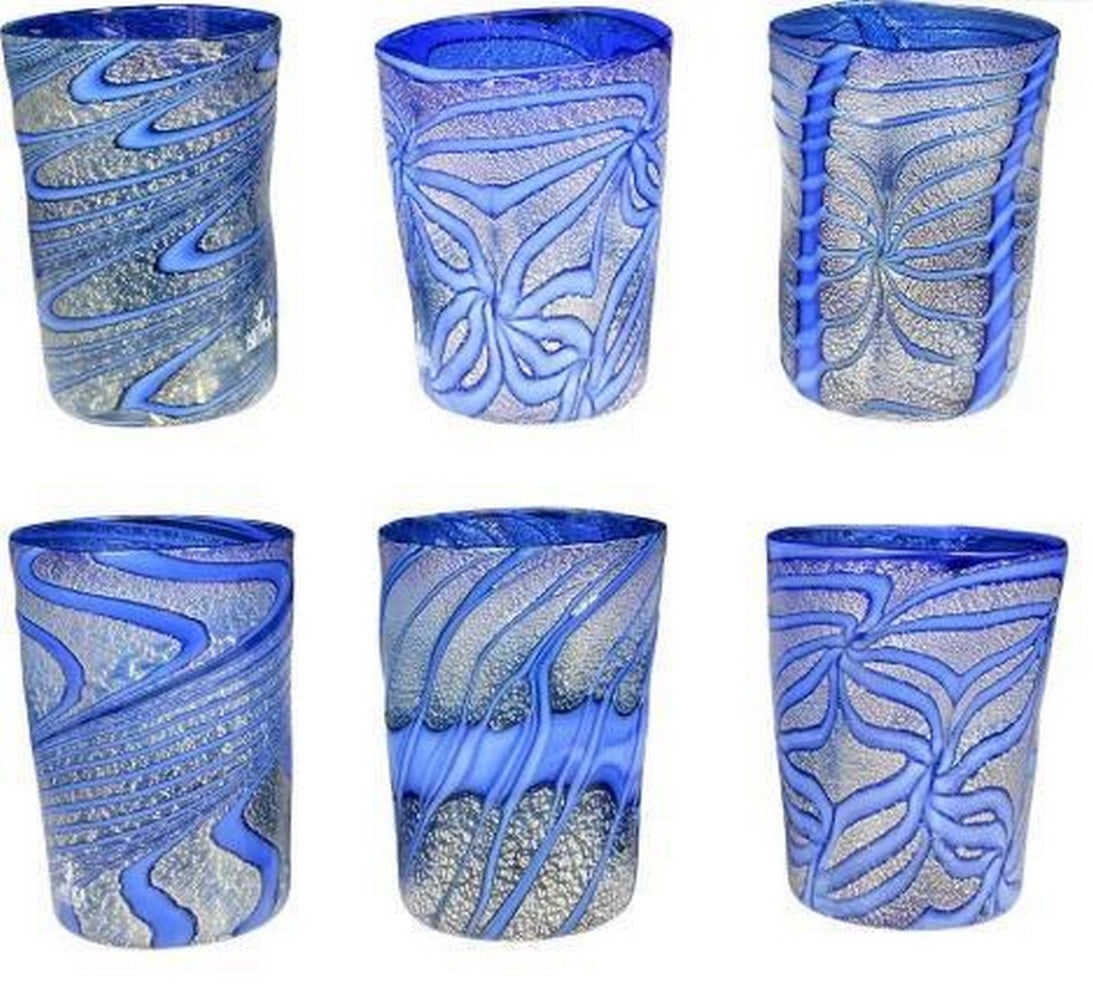 6 Murano Glass Cups Abstract Blue Line Designs with Silver Accents: 6 Murano Glass Cups Abstract Blue Line Designs with Silver Accents These stunning Murano glass cups are a true testament to Venetian craftsmanship, featuring an abstract design of fluid blue lines