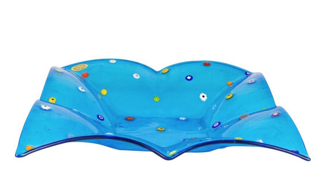 Light Blue Murano Glass Coin Tray With Floral Insets: Light Blue Murano Glass Coin Tray With Floral Insets This beautiful handmade murano glass coin tray is made with millefiori details. Although this is a coin tray, this small decorative tray can