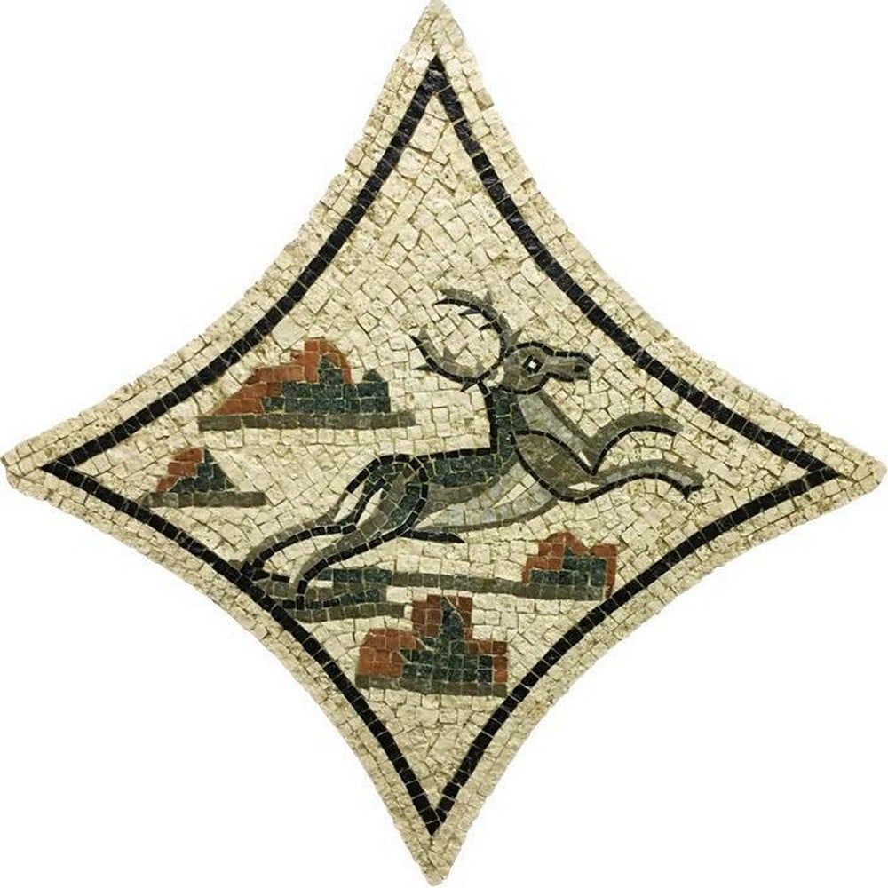 Deer - Mosaic Fragment: Deer - Mosaic Fragment The Deer - Mosaic Fragment from the "Mosaico de los Amores" is apart of a wide collection of Mythological Mosaics. This masterpiece is an entirely handmade mosaic repr