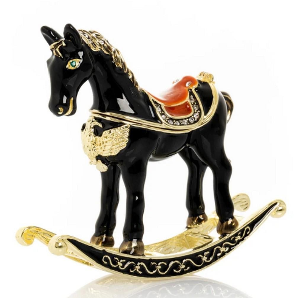 Black & Gold Vintage Rocking Horse Trinket Box: Black & Gold Vintage Rocking Horse Trinket Box This elegant Black & Gold Vintage Rocking Horse trinket box is a charming blend of classic whimsy and fine craftsmanship. Handmade and plated