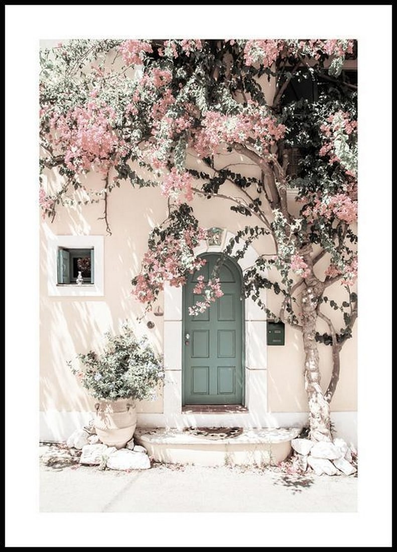 Green Door Floral Poster: Green Door Floral Poster A pretty poster of a green door and an arch, next to the door pink and white blossom tree. Give your home the feeling of Spring time with this print, the clean white