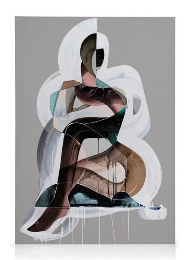 Into My Arms Canvas Reproduction: Into My Arms Canvas Reproduction Art canvas by Peytil of a woman in coloured shapes with white strokes on a grey background. Dimensions: 20" x 28" View Photos For Further Details