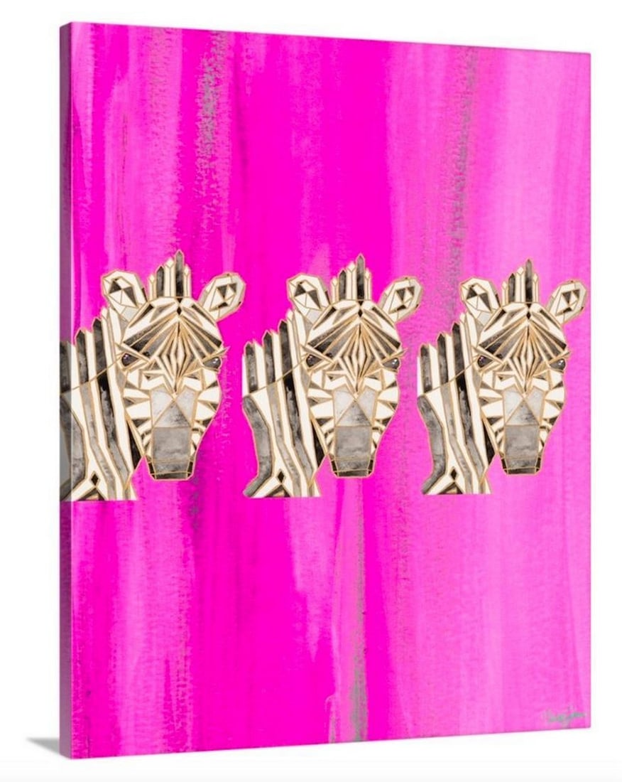 Bright Pink Tri Zebra Canvas Reproduction: Bright Pink Tri Zebra Canvas Reproduction Painting of three zebras created with metallic gold geometrical shapes on a bright pink background. Nola James is a creator of colorful imagery,