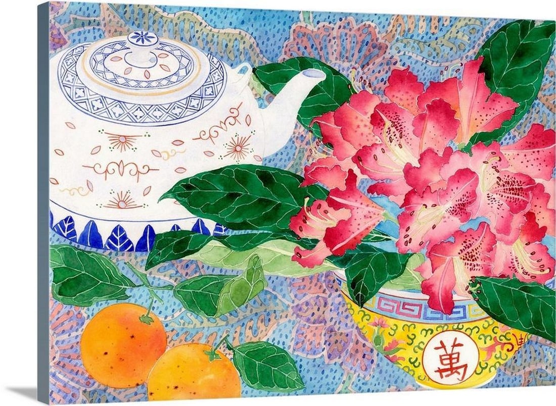 Rhododendrons With A White Teapot Canvas Reproduction: Rhododendrons With A White Teapot Canvas Reproduction Size: Width: 24 inches, Height: 17 inches View photos for further details.