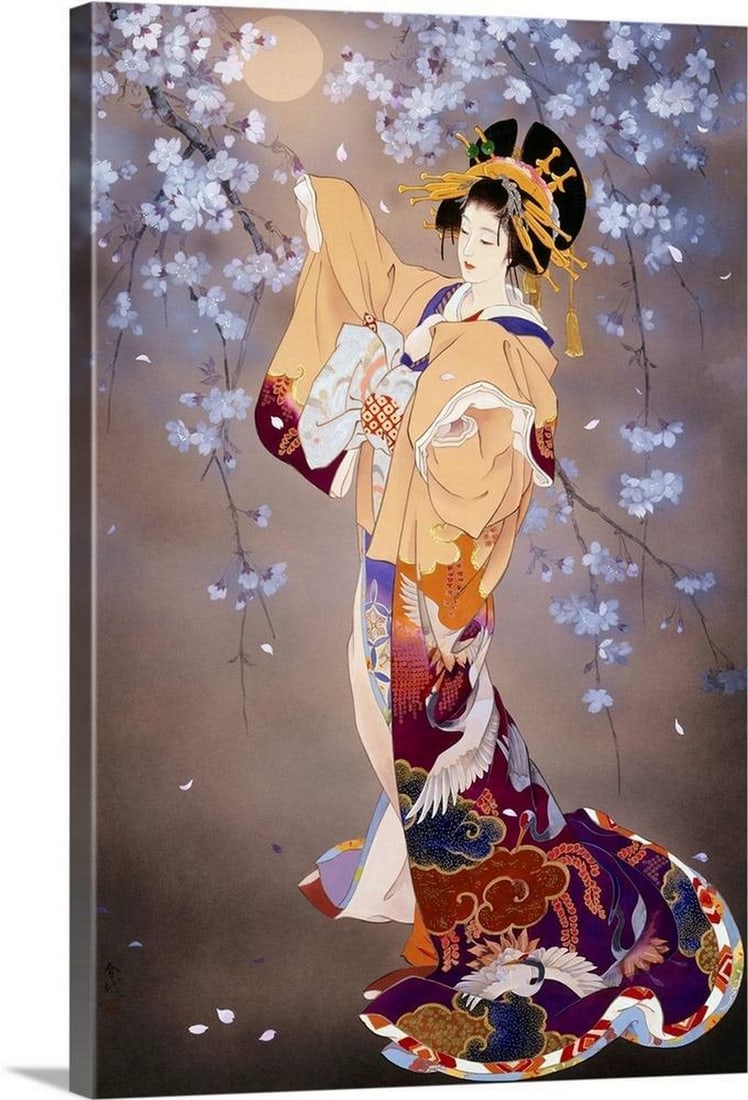 Yoi Canvas Reproduction: Yoi Canvas Reproduction By Haruyo Morita Contemporary colorful Asian art of a Geisha in beautiful ornate clothing. Width: 12 inches Height: 18 inches View photos for further details.