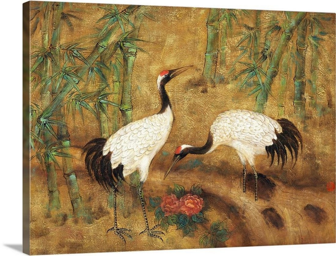 Cranes and Bamboo Canvas Reproduction: Cranes and Bamboo Canvas Reproduction By Adam Guan Asian style painting of two cranes foraging in bamboo. Width: 16 inches Height: 12 inches View photos for further details.