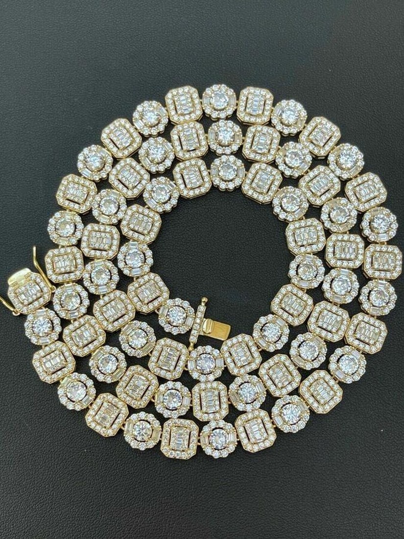 20" Baguette Tennis Chain With 14K Gold Over Solid 925 Silver: 20" Baguette Tennis Chain With 14K Gold Over Solid 925 Silver 10.5mm Wide Baguette Chain Man Made VVS Diamonds Solid Silver So It Will Never Tarnish Or Wash Away View Photos For