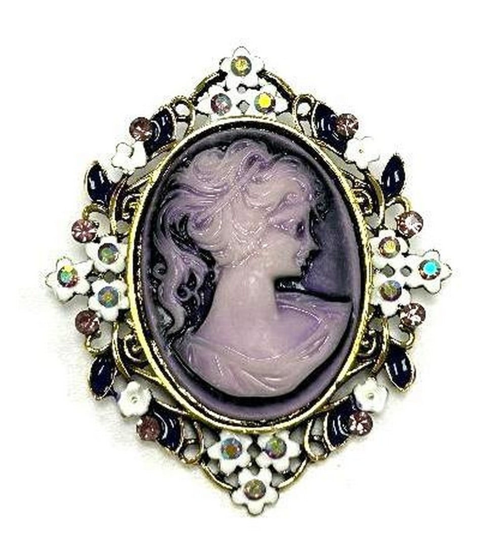 Purple Semi-Precious Floral Cameo Brooch Silhouette Of A Beauty: Purple Semi-Precious Floral Cameo Brooch Silhouette Of A Beauty View Photos For Further Details