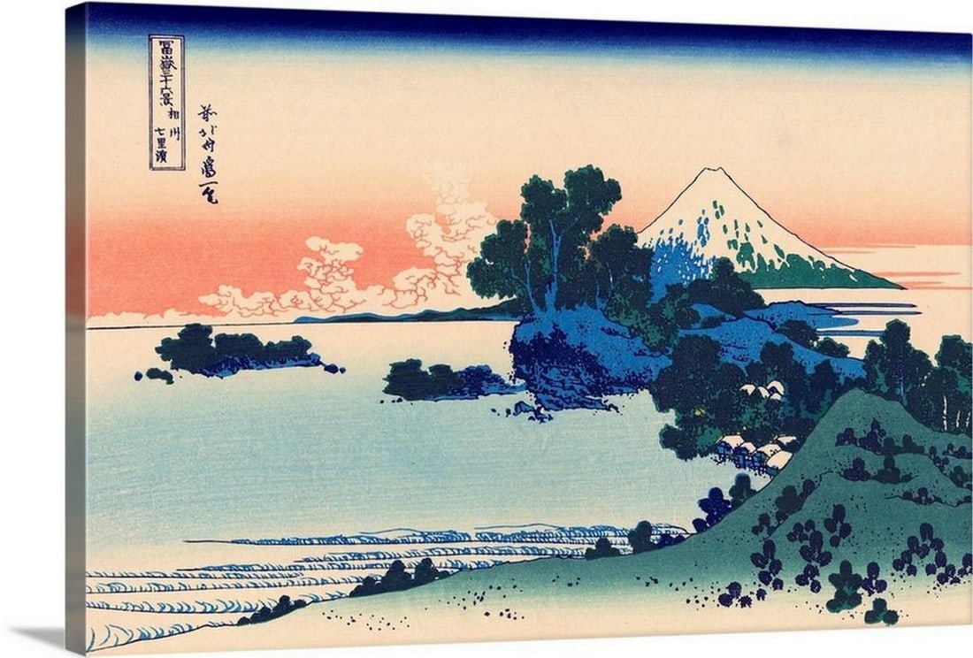 Shichiri Beach in Sagami – Canvas Reproduction by Katsushika Hokusai: Shichiri Beach in Sagami – Canvas Reproduction by Katsushika Hokusai From Hokusai’s celebrated Thirty-Six Views of Mount Fuji series, Shichiri Beach in Sagami captures the majesty of Japan’s ico