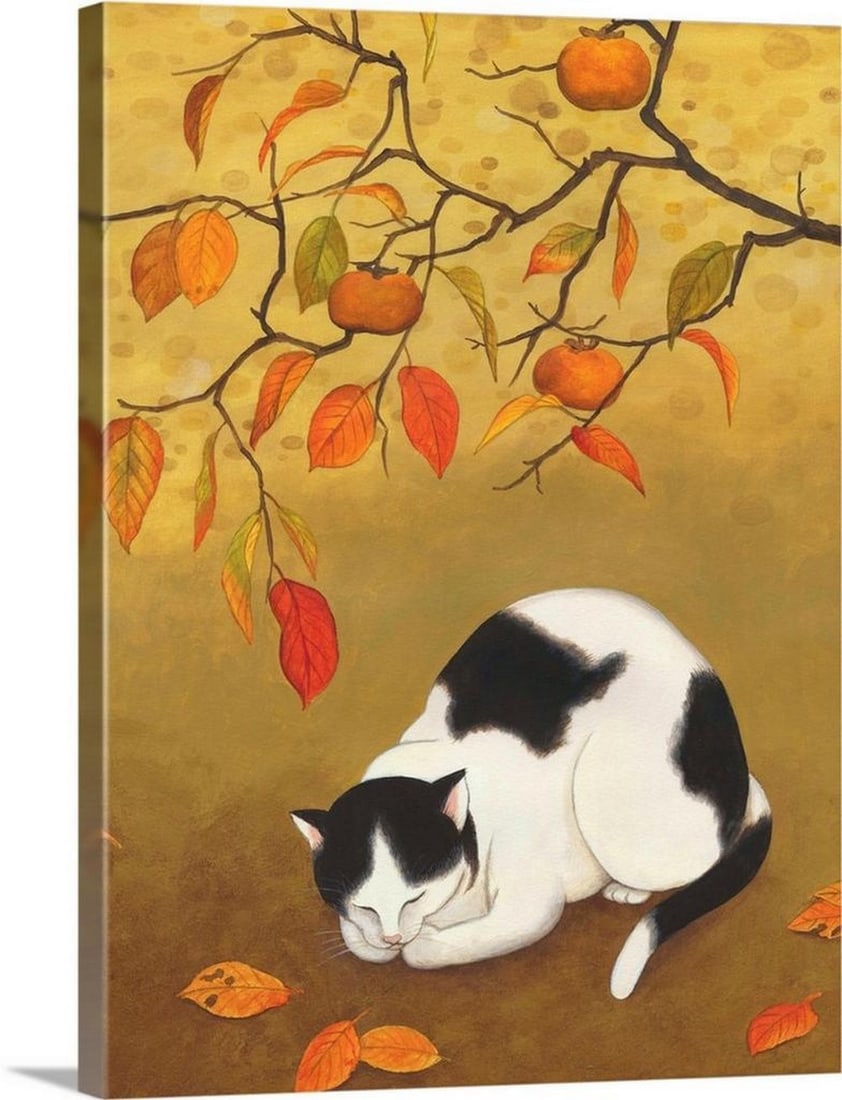 Autumn Cat – Canvas Reproduction by Adam Guan: Autumn Cat – Canvas Reproduction by Adam Guan Autumn Cat by Adam Guan blends Eastern-inspired subjects with Western artistic techniques. The piece depicts a serene cat in an autumnal setting,