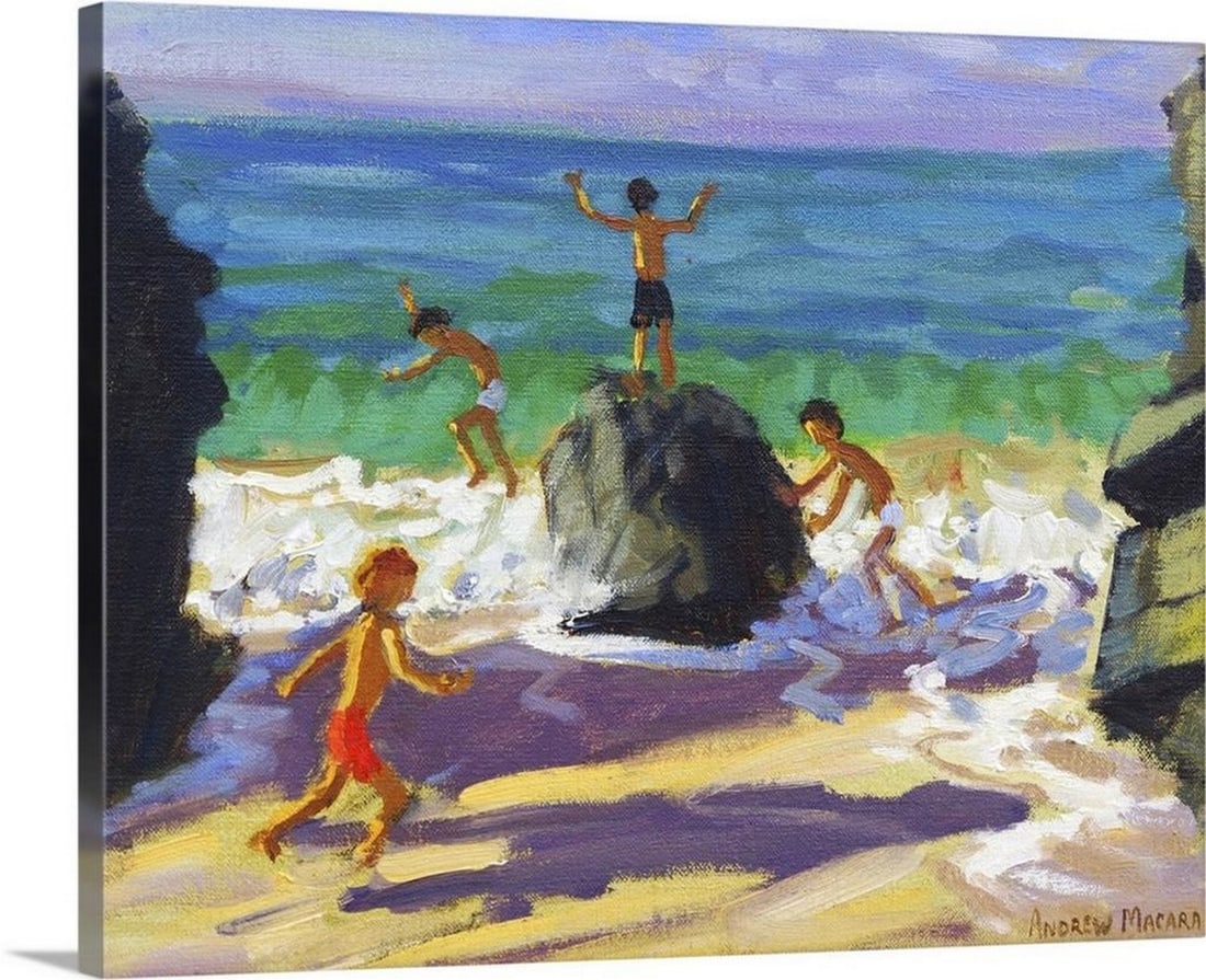 Climbing Rocks, Porthmeor Beach, St Ives, 2013 – Canvas Reproduction by Andrew Macara: Climbing Rocks, Porthmeor Beach, St Ives, 2013 – Canvas Reproduction by Andrew Macara Full of sunlight, movement, and youthful joy, Climbing Rocks, Porthmeor Beach, St Ives, 2013 captures a