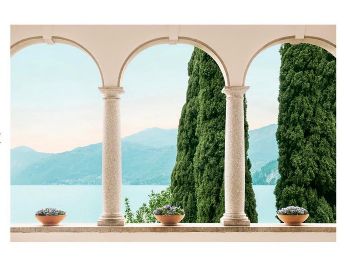 View Through The Arches Poster: View Through The Arches Poster View of mountains through beige arches Dimensions: 20" x 28" View Photos For Further Details.