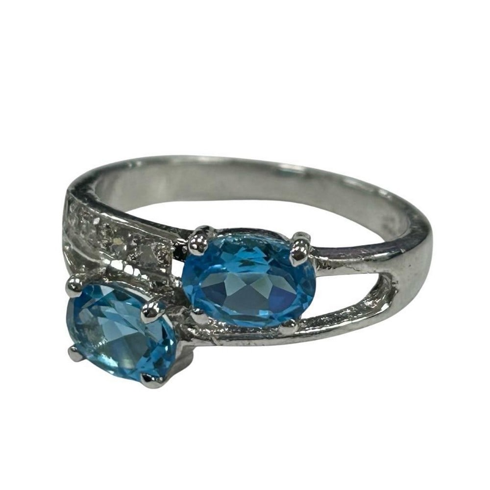 Sterling Silver Double Blue Stone Ring - 2