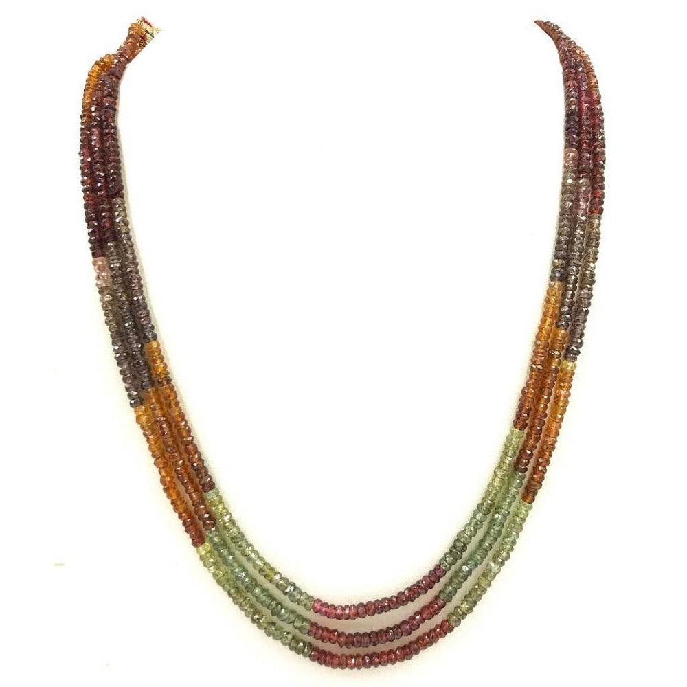 3 Stand Earthy Shades Sapphire Faceted Necklace: 3 Stand Earthy Shades Sapphire Faceted Necklace Gemstone Diameter: 3.7mm Length of Necklace: 44cm Weight in Carats: 221.65 View Photos For Further Details.