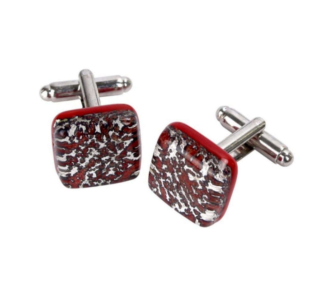 Silver & Red Patterned Murano Glass Cufflinks - 2