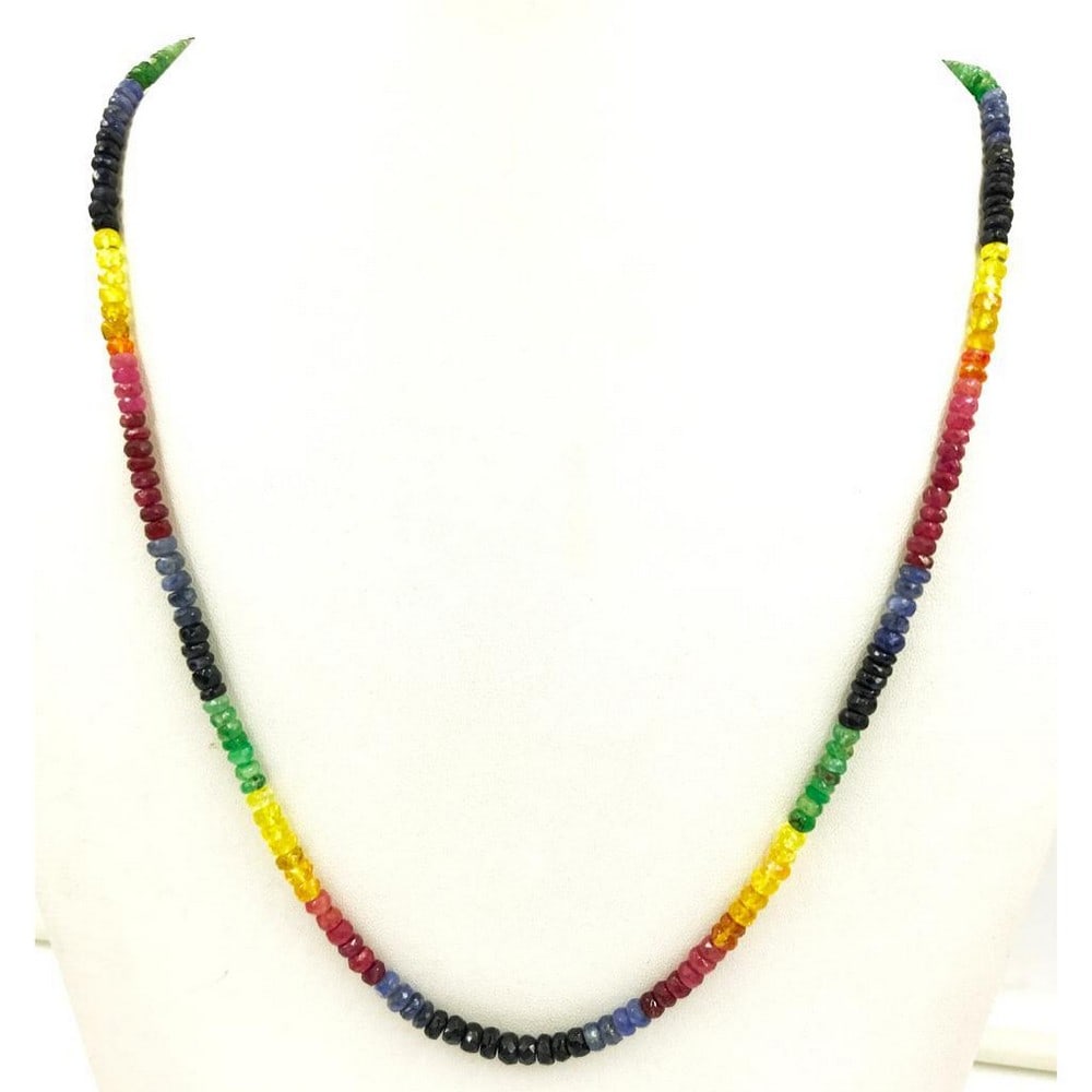 Multi color sapphire faceted beads string necklace: Multi color sapphire faceted beads string necklace Multi color sapphire faceted beads string, Beads diameter- 3.6 to 5.1 mm, Length of necklace- 45 cms View photos for further details.