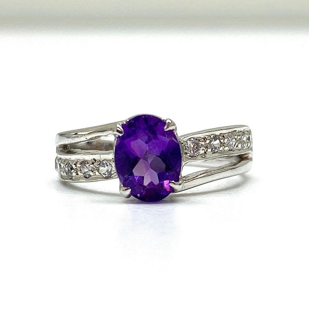925 Sterling Silver Ring with Austrian Crystal Double Band with Amethyst Gemstone in a Halo Setting: 925 Sterling Silver Ring with Austrian Crystal Double Band with Amethyst Gemstone in a Halo Setting. Amethyst crystals represent purification and connection to spiritual and divine beings. The
