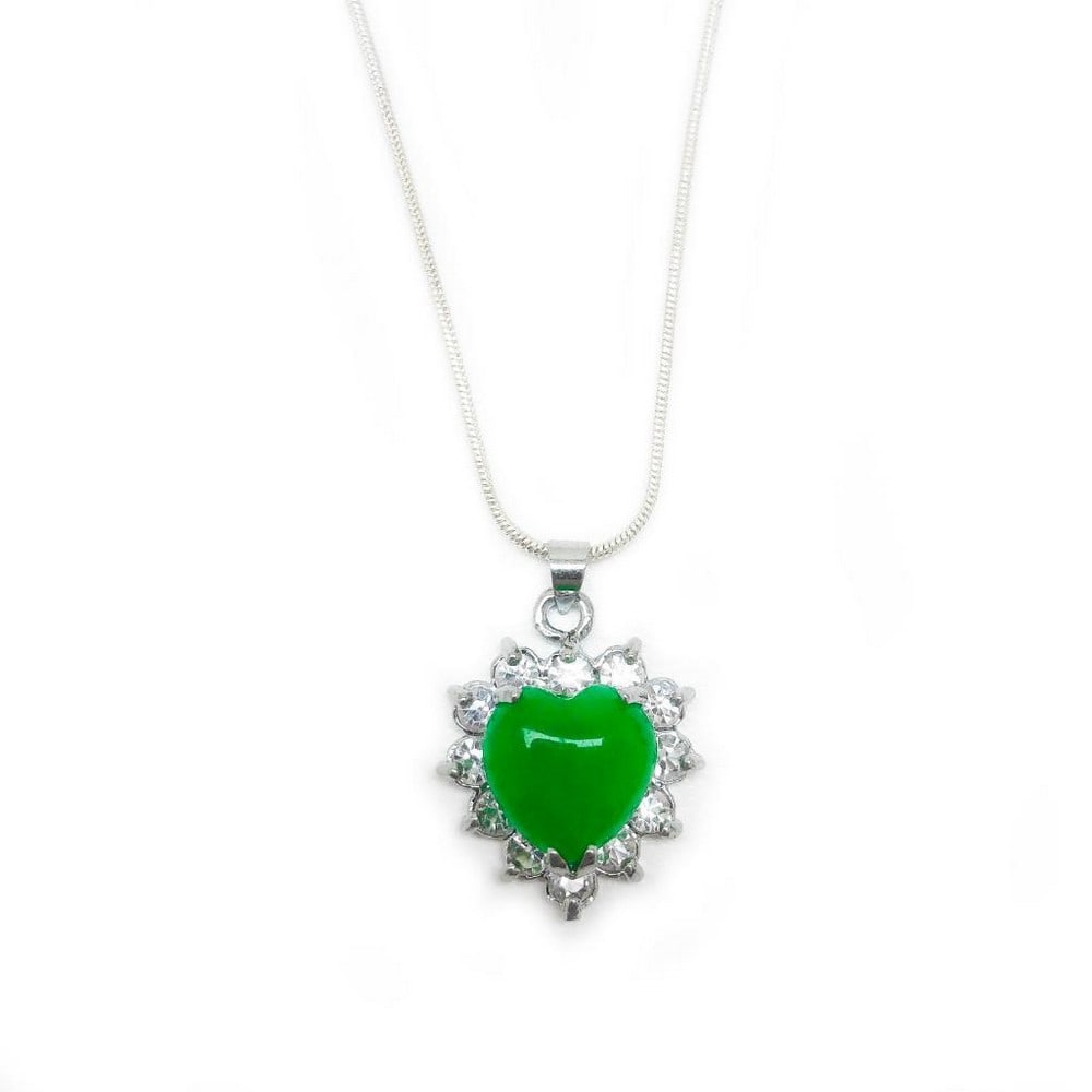 Mounted Green Jade Heart Shape Pendant On 925 Silver Plated Snake Link Necklace: Mounted Green Jade Heart Shape Pendant On 925 Silver Plated Snake-Link Necklace. View Photos For Further Details.