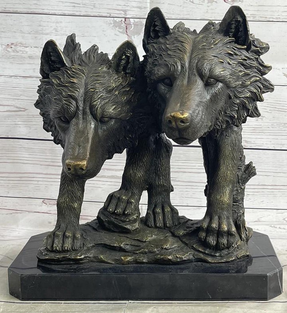 Signed Original Wild Wolf Duo Metal Bronze Art Sculpture - 12" x 12': Signed Original Wild Wolf Duo Metal Bronze Art Sculpture - 12" x 12' Behold the untamed spirit of nature in our exquisite Signed Original Wild Wolf Duo Metal Bronze Art Sculpture, meticulously