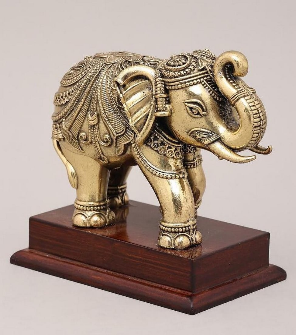 5" Royal Elephant on Wooden Base Brass Figurine (1 of 4)