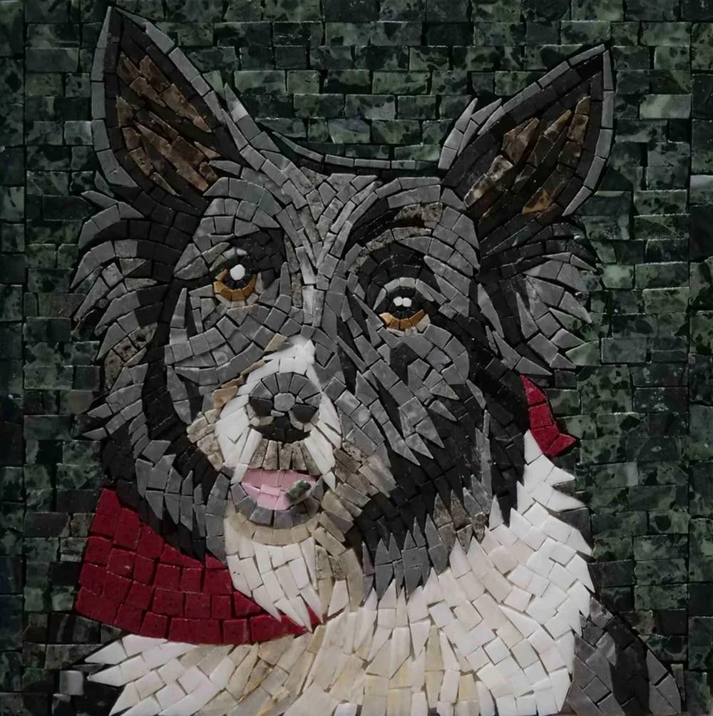 Dog Portrait Marble Mosaic: Dog Portrait Marble Mosaic A handcrafted square mosaic made from natural marble stones. This design features a personalized dog portrait, carefully created with hand-cut marble pieces that form a rugg