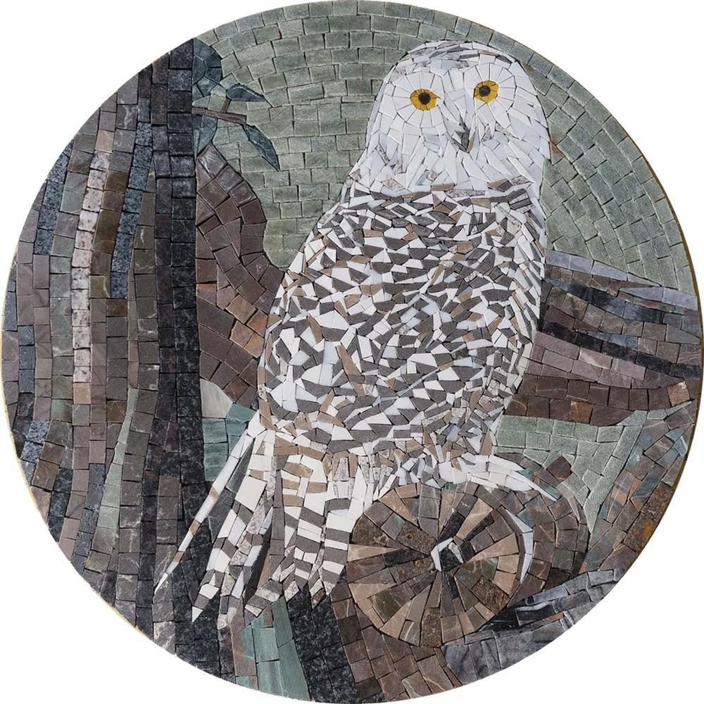 Owl Marble Mosaic Medallion: Owl Marble Mosaic Medallion A handcrafted square mosaic made from natural marble stones. This design features a perched owl, intricately detailed to highlight the texture and depth of hand-cut marble.