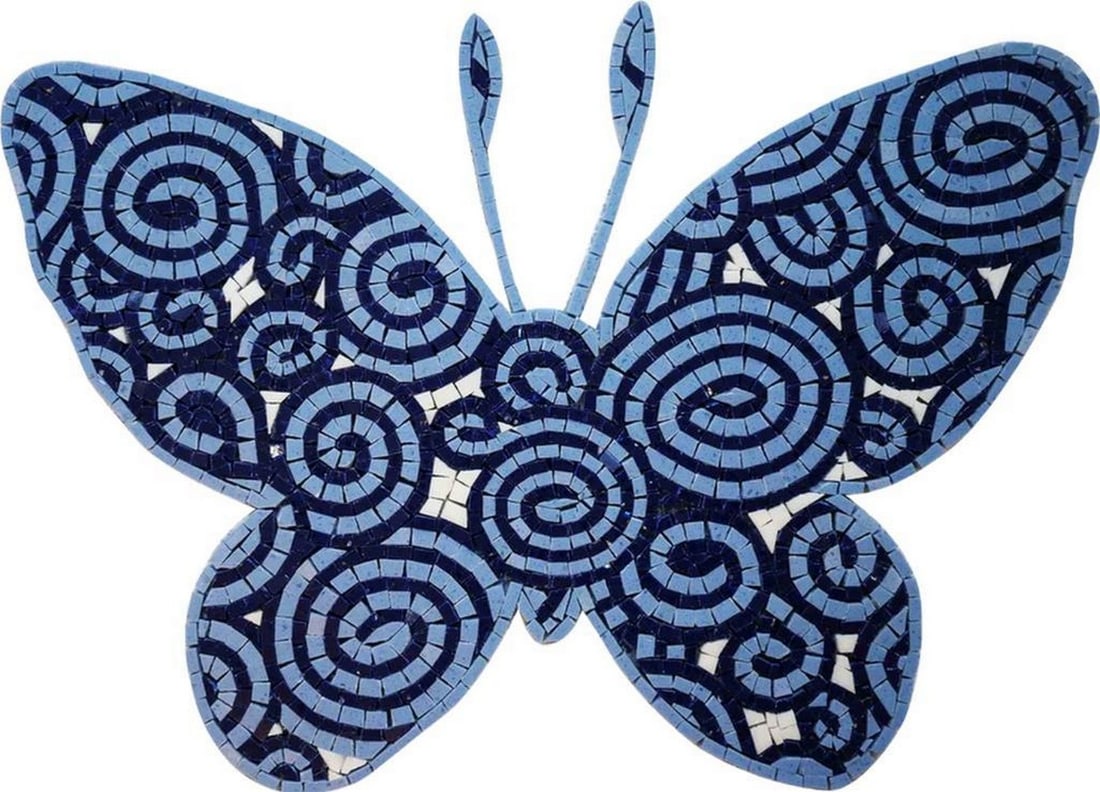 Blue Butterfly Marble Mosaic: Blue Butterfly Marble Mosaic A handcrafted mosaic made from natural marble stones. This design features a vibrant blue butterfly, intricately detailed to capture the delicate beauty of nature in lumin