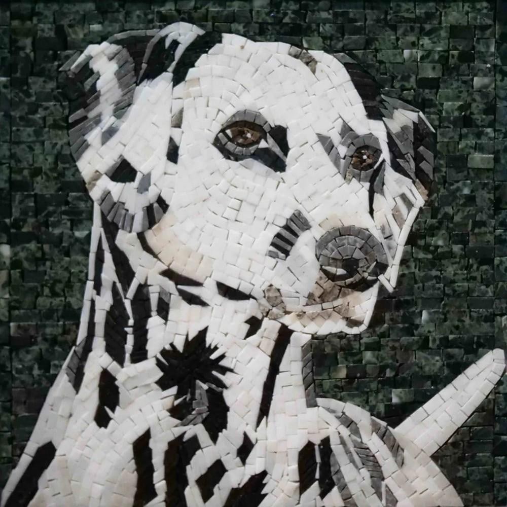 Dalmatian Marble Dog Mosaic: Dalmatian Marble Dog Mosaic A handcrafted square mosaic made from natural marble stones. This design features a Dalmatian dog, carefully detailed with hand-cut marble pieces that create contrast, text