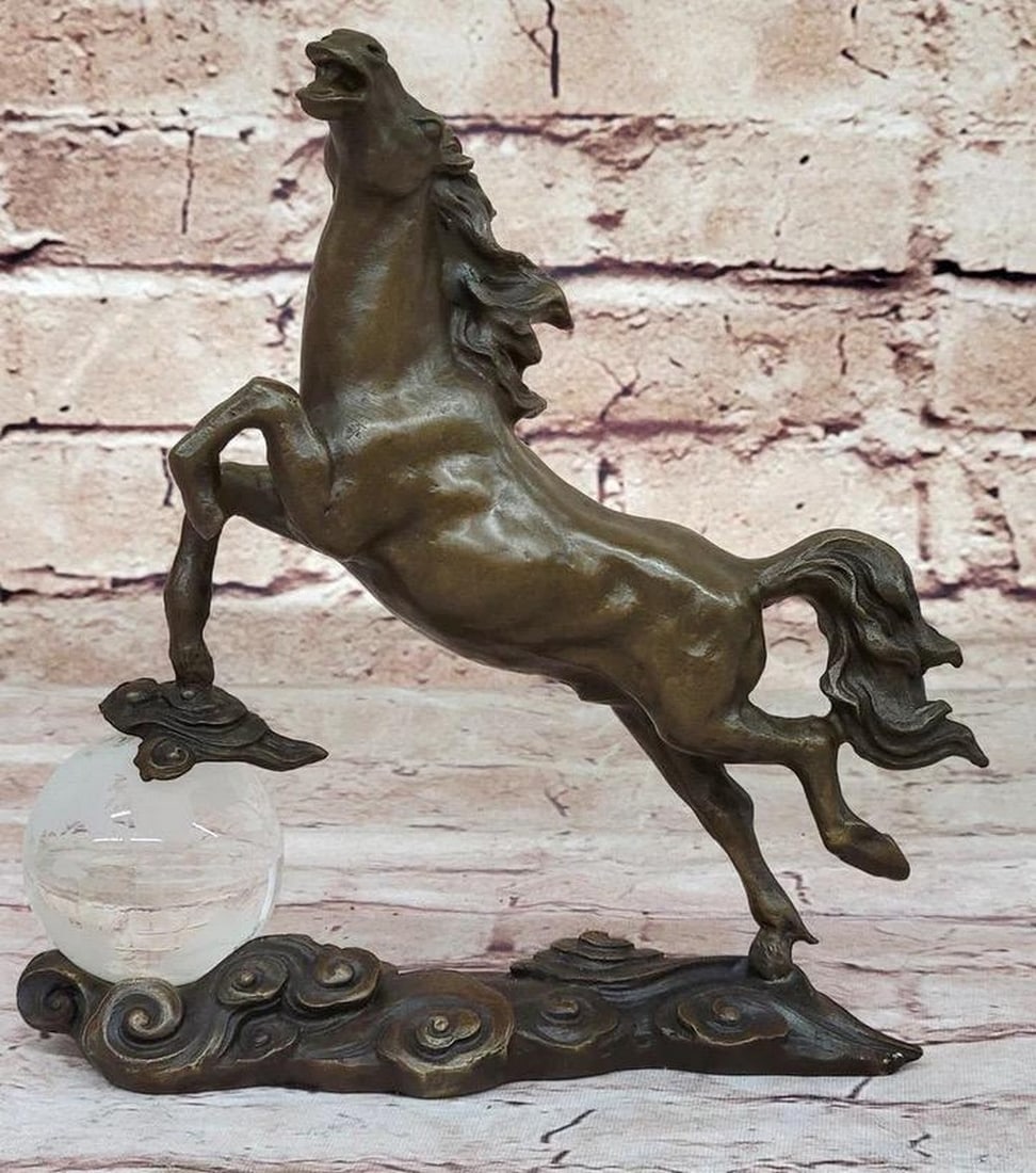 Equine Elegance: Milo's Signed Original Bronze Horse Figurine with Crystal Ball - 7.5" x 7": Equine Elegance: Milo's Signed Original Bronze Horse Figurine with Crystal Ball - 7.5" x 7" This exquisite Art Deco bronze horse statue, perched atop a crystal ball, serves as a testament