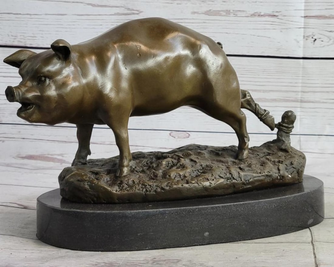 Barye Inspired Cute Pig Bronze Sculpture On Marble Base - 8" x 12" (1 of 6)