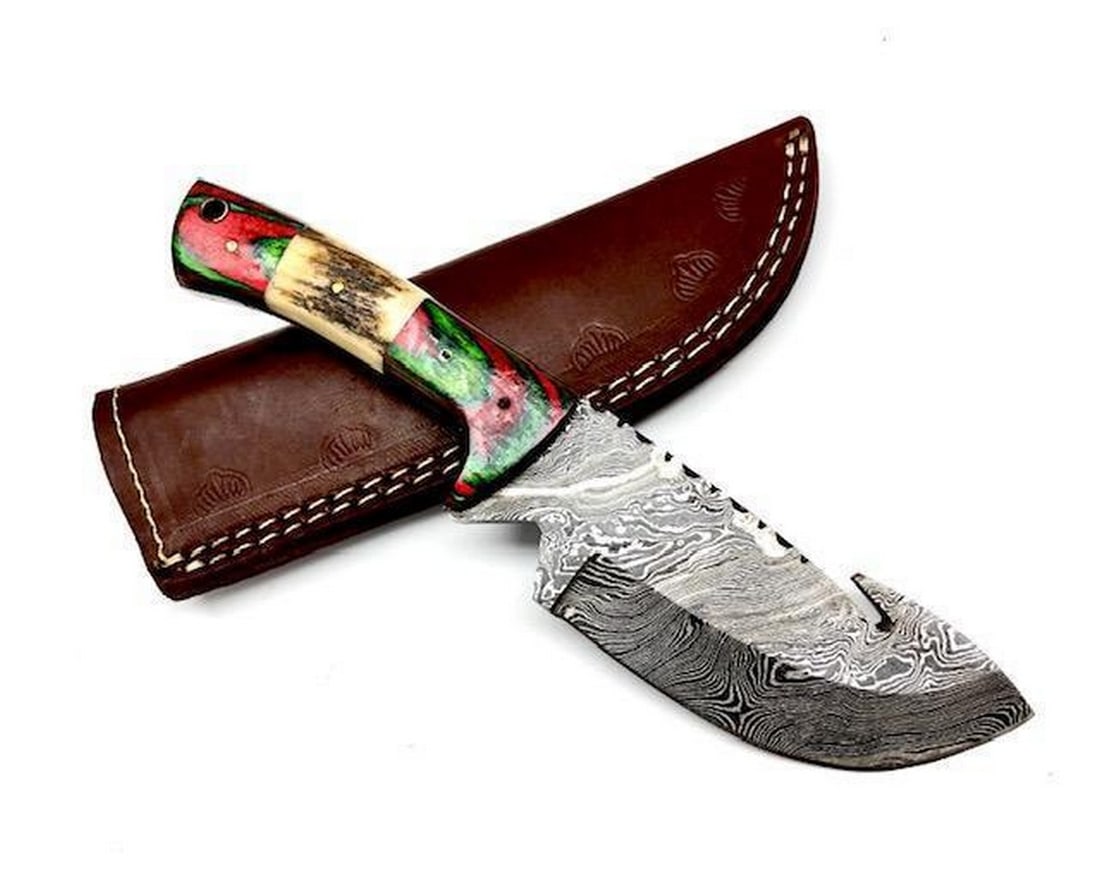 9" Damascus Drop Point With Stunning Camel & Dymondwood Handle!: For Auction Is A Stunning Handmade 9" Damascus Drop Point & Gut Hook Blade *With Hand Crafted & Hand Stitched Leather Sheath Each blade is created Using 256 Layers Of 1095 and 15N20 High