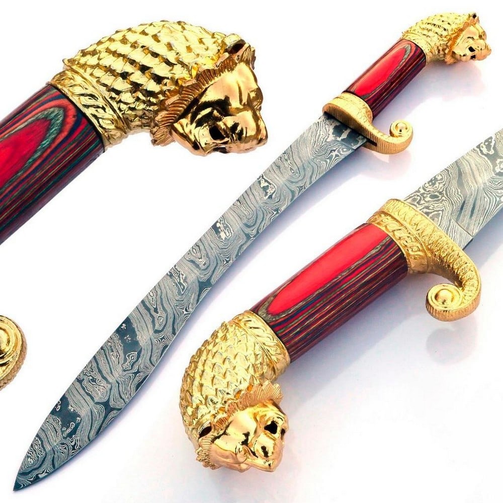 The SHEIKHS KUKRI Damascus Sword: For Auction Is A Stunning Handmade SHEIKHS KUKRI Damascus Steel Sword With A INCREDIBLE LIONS HEAD POMMEL Each blade is created Using 256 Layers Of 1095 and 15N20 High Carbon Steels?????? To