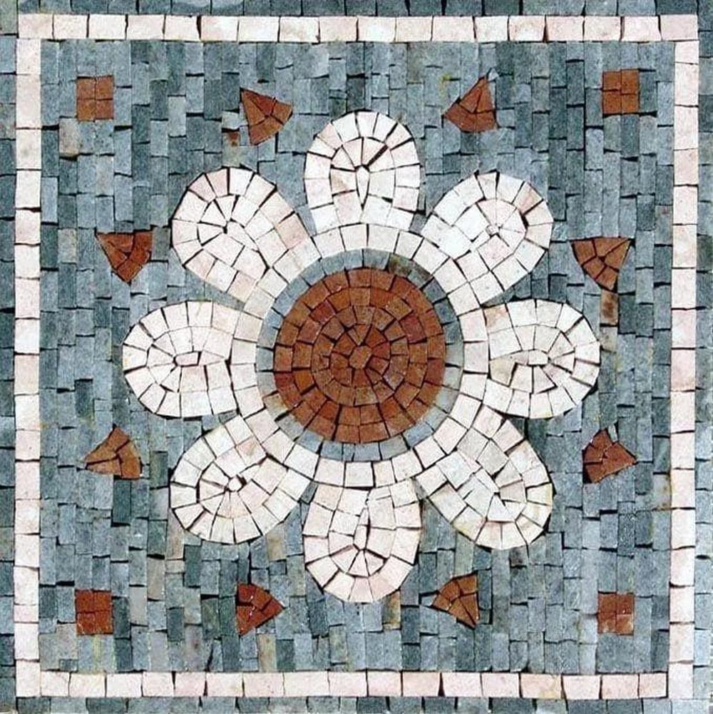 Abstract Mosaic Artwork – Daisy Flower: Abstract Mosaic Artwork – Daisy Flower A handcrafted mosaic artwork featuring a beautiful daisy flower rendered in a striking abstract style. Made from 100% natural marble, this piece showcases