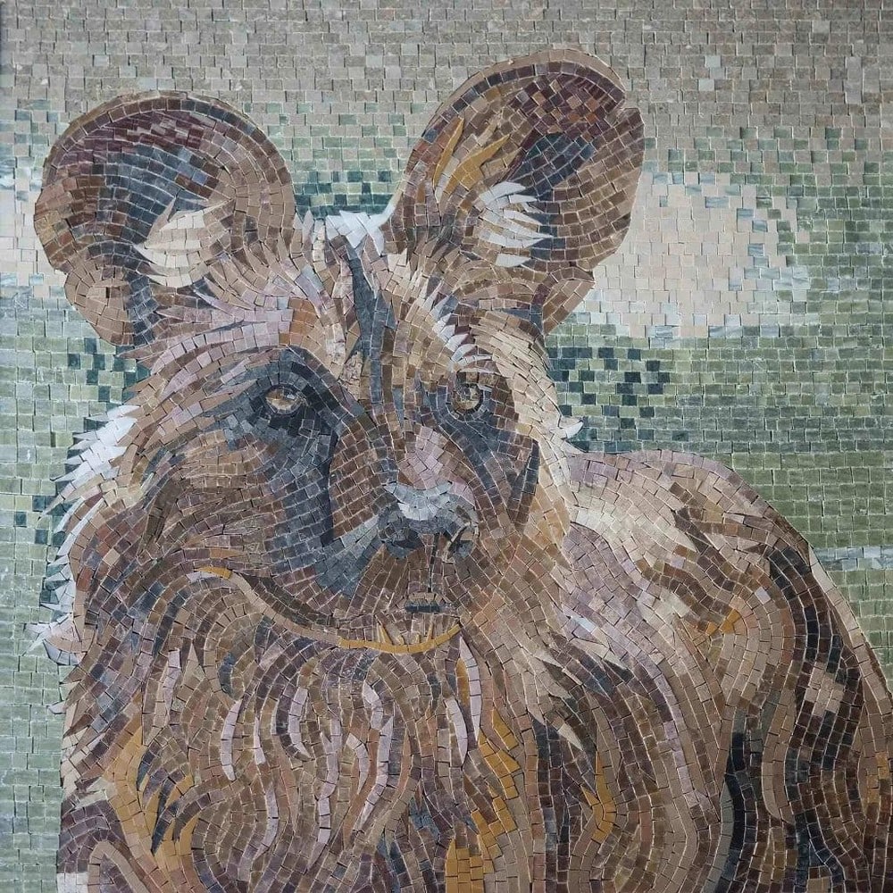 African Wild Dog Mosaic Art: African Wild Dog Mosaic Art A handcrafted mosaic artwork depicting an African wild dog with intricate detail and expressive eyes, bringing the spirit of the wild into any space. Made from natural sto