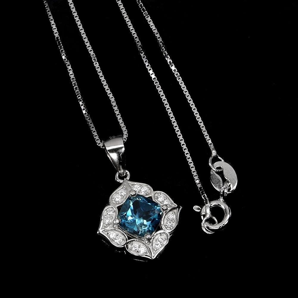 Cushion London Blue Topaz 7mm Gemstone and CZ 925 Sterling Silver Necklace: Cushion London Blue Topaz 7mm Gemstone and CZ 925 Sterling Silver Necklace Elevate your style with our stunning Cushion London Blue Topaz 7mm Gemstone and CZ 925 Sterling Silver Necklace. Crafted