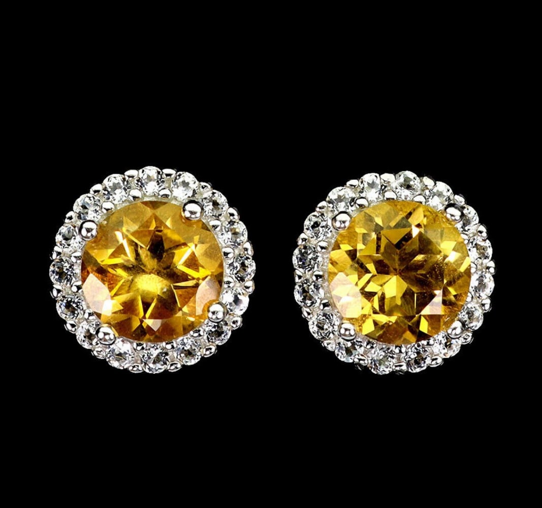 Round Cut Citrine 8mm and CZ 925 Sterling Silver Earrings Stud: Round Cut Citrine 8mm and CZ 925 Sterling Silver Earrings Stud Introducing our exquisite Round Cut Citrine 8mm and CZ Sterling Silver Stud Earrings, a dazzling addition to your jewelry collection.