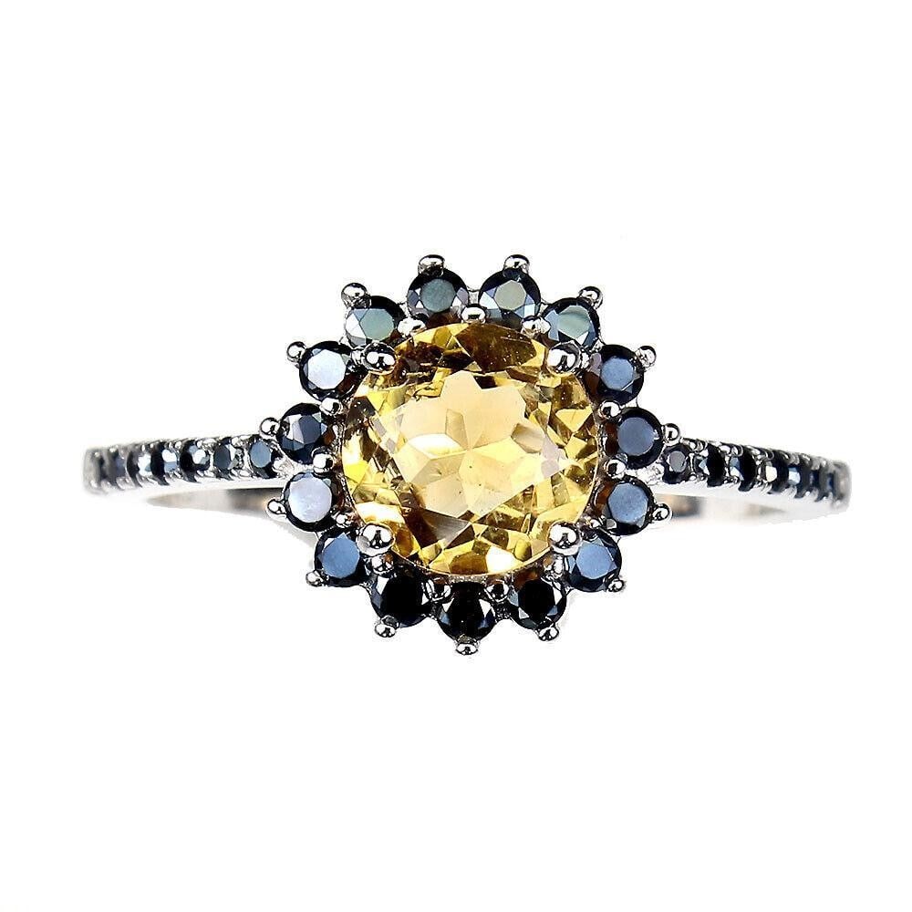 Round Cut Citrine (7mm) with Black Spinel Gemstone 925 Sterling Silver Ring - Size 7: Round Cut Citrine (7mm) with Black Spinel Gemstone 925 Sterling Silver Ring - Size 7 Introducing our exquisite Round Cut Citrine (7mm) with Black Spinel Gemstone 925 Sterling Silver Ring in Size 7, a