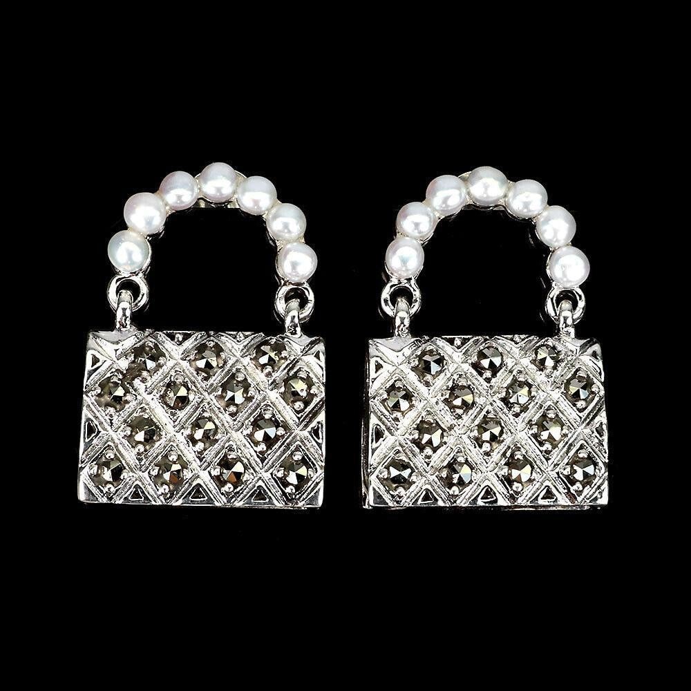 Round Marcasite 925 Sterling Silver Bag Stud Earrings (1 of 3)