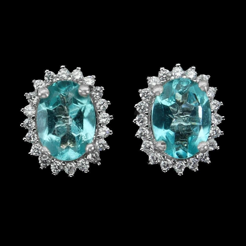 Oval Paraiba Blue Topaz 8x6mm and CZ Gemstones 925 Sterling Silver Stud Earrings (1 of 3)