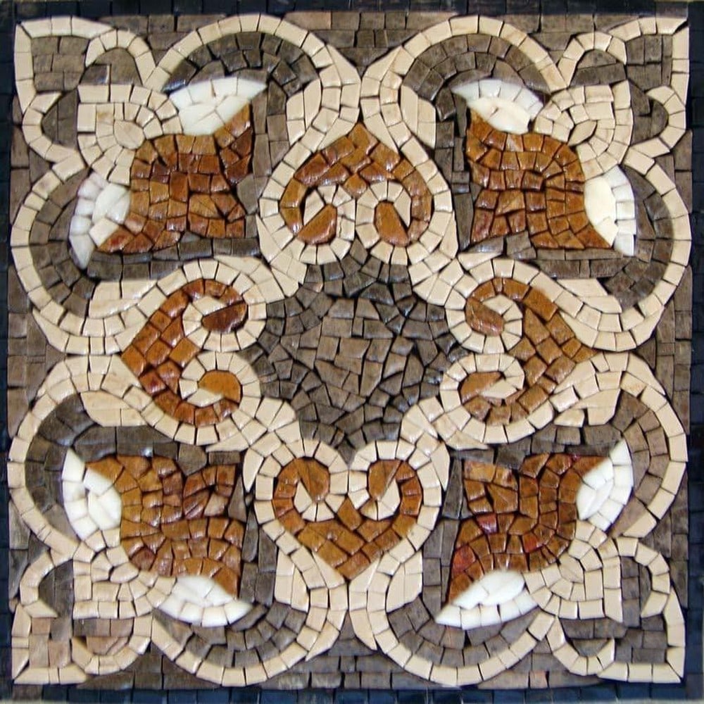 Lily Heart Marble Mosaic Tile: Lily Heart Marble Mosaic Tile A handcrafted square mosaic made from natural marble stones. This design features a lily intertwined with a heart motif, using warm earth tones. The mosaic is mounted on