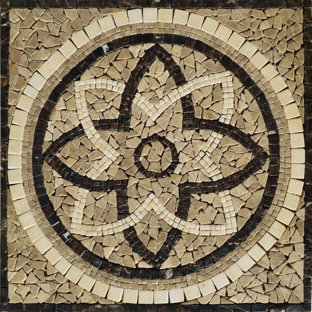 Anase Floral Marble Mosaic Panel: Anase Floral Marble Mosaic Panel A handcrafted square mosaic made from natural marble stones. This design features a floral pattern with individually hand-cut tiles, mounted on a mesh backing. Suitab