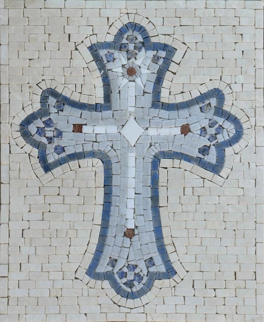 Religious Mosaic: The Christian Cross: Religious Mosaic: The Christian Cross A handcrafted rectangular mosaic made from natural marble, this luxurious artwork celebrates faith and devotion. The design features the Christian Cross, symboli