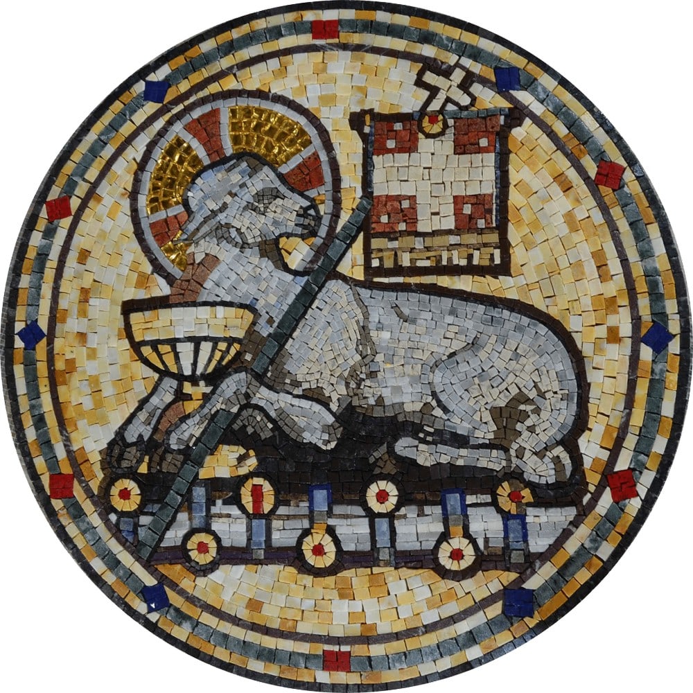 Jerusalem Lamb of God Marble Mosaic: Jerusalem Lamb of God Marble Mosaic A handcrafted square mosaic made from natural marble stones. This design features the Lamb of God motif with intricate details and a combination of vibrant Blue Ma