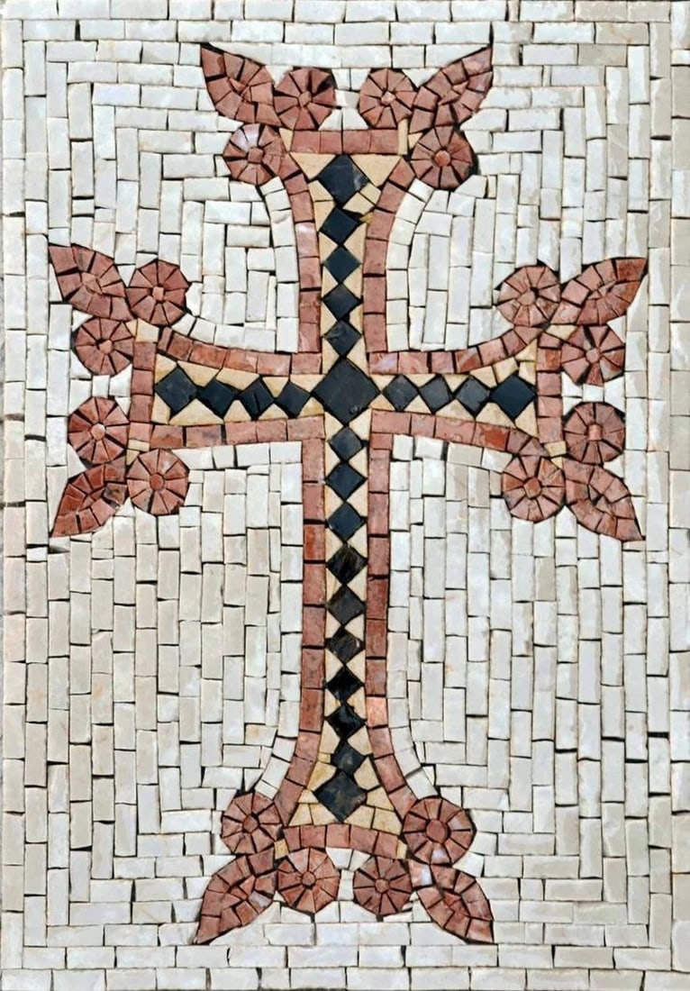Armenian Cross Marble Mosaic – Khachkar: Armenian Cross Marble Mosaic – Khachkar A handcrafted rectangular mosaic made from natural marble stones. This piece features the Armenian cross, or Khachkar, with intricate floral details, mounted